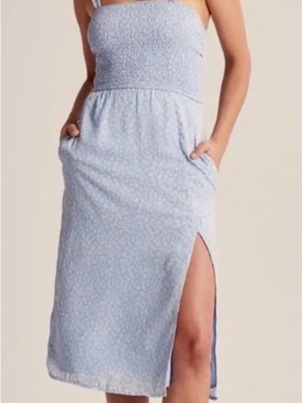 Abercrombie & Fitch Light Blue Smocked Midi Dress with Side Slit and Pockets